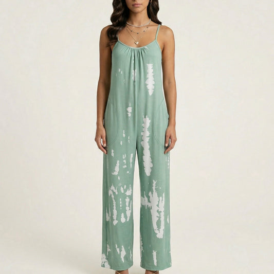 Sleeveless Tie Dye Wide Leg Jumpsuit with Spaghetti Straps Side Pockets Relaxed Fit