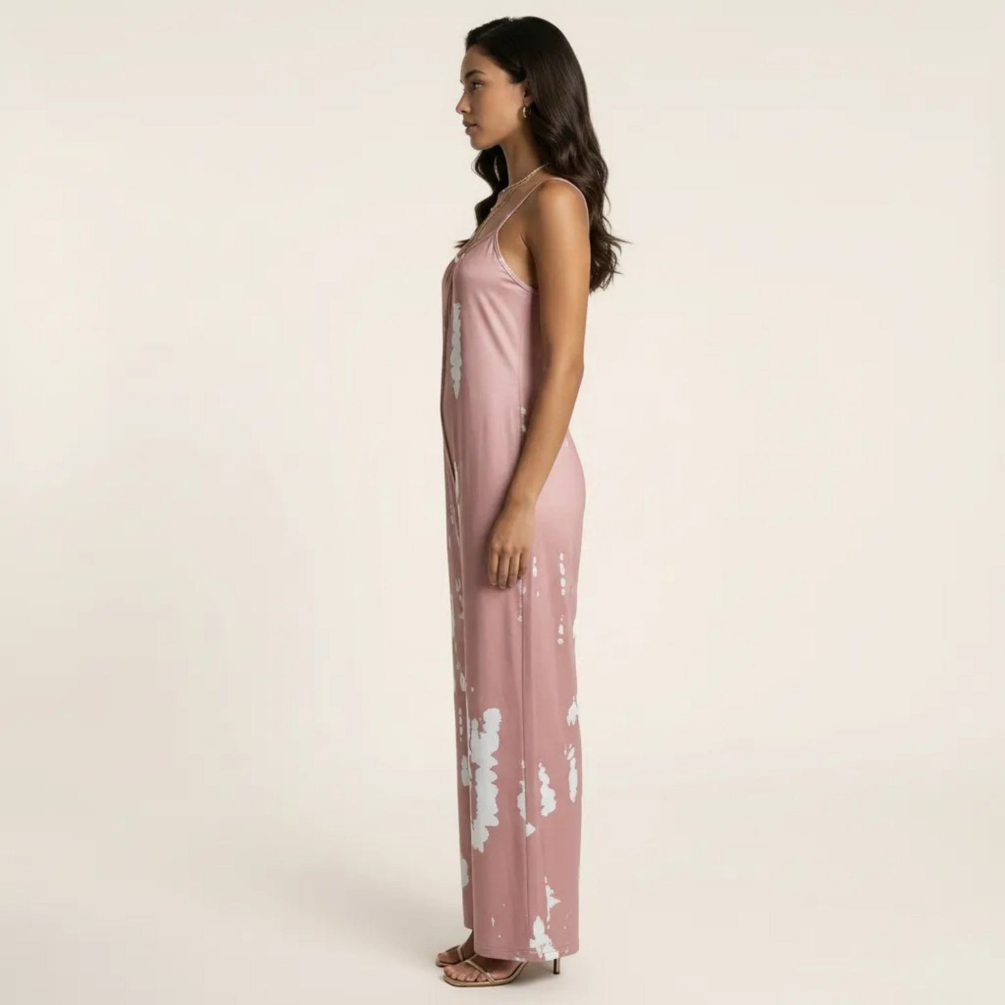 Sleeveless Tie Dye Wide Leg Jumpsuit with Spaghetti Straps Side Pockets Relaxed Fit
