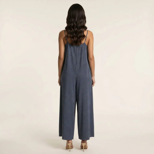 Sleeveless Striped Wide Leg Jumpsuit with Spaghetti Straps Loose Fit Flowy One Piece