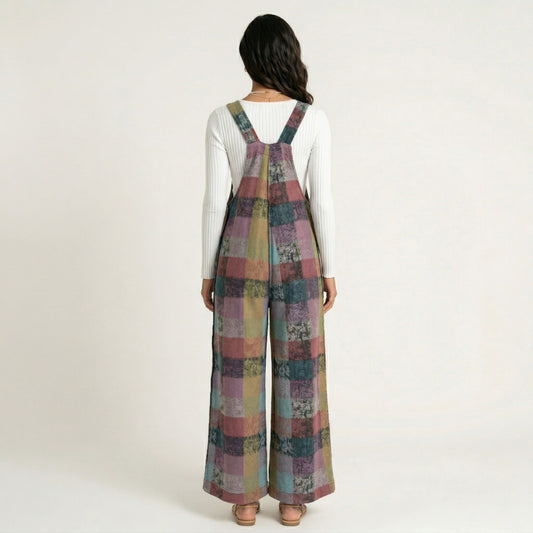 Plaid Wide Leg Overalls Jumpsuit with Adjustable Shoulder Straps Front Pocket Relaxed Fit