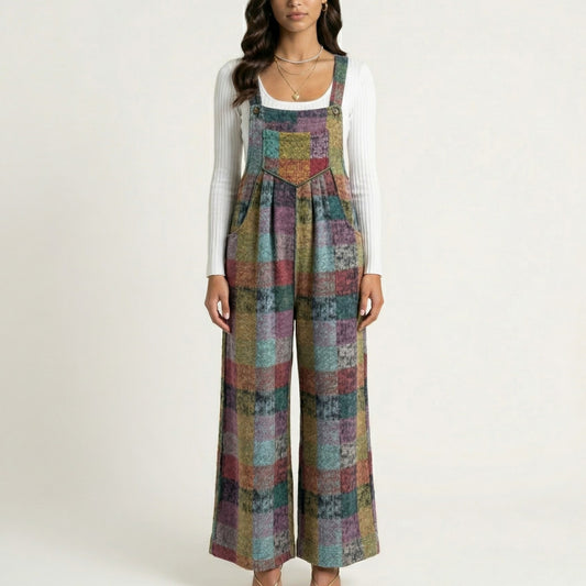 Plaid Wide Leg Overalls Jumpsuit with Adjustable Shoulder Straps Front Pocket Relaxed Fit