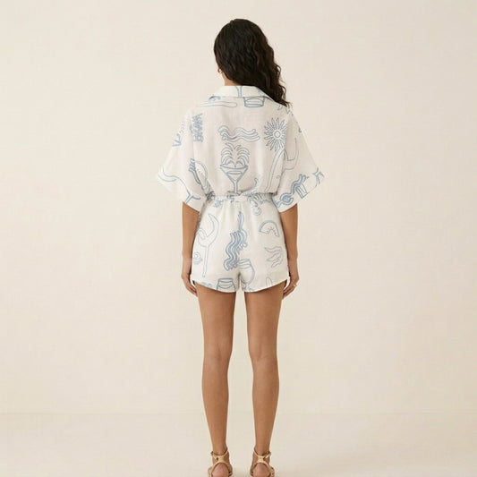 Short Sleeve Printed Romper with Collared Neckline Button Front Closure Waist Tie Relaxed Fit