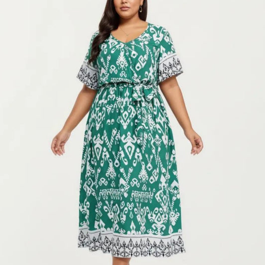 Short Sleeve V Neck Midi Dress with Waist Tie Belt All Over Print Border Detail Flowy Fit Dress
