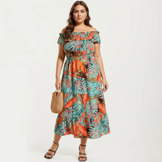 Off Shoulder Tropical Print Midi Dress with Ruffle Neckline Elastic Waist Tiered Hem Flowy Dress