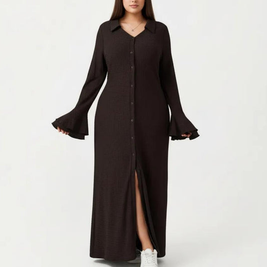 Button Down Maxi Dress with Collar Neck Flare Sleeve Detail Front Slit Relaxed Fit Dress