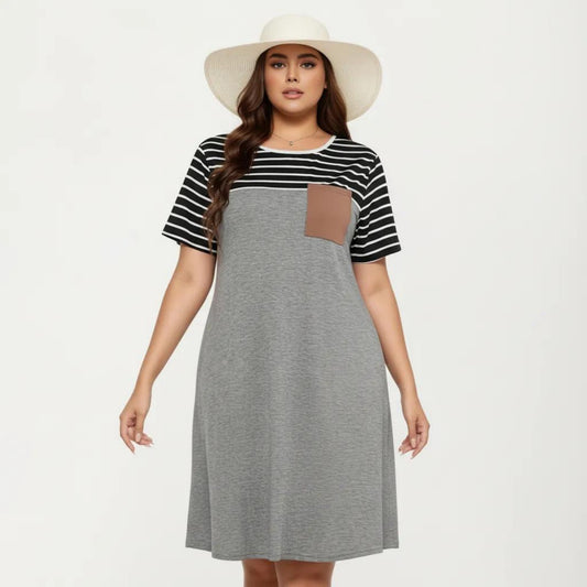 Plus Size Short Sleeve T Shirt Dress with Stripe Contrast Top Color Block and Chest Pocket Detail