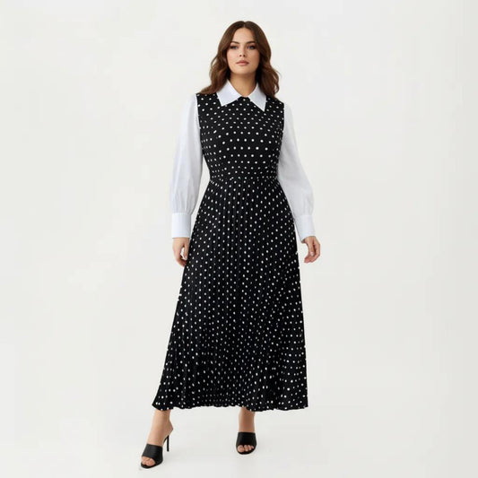 Long Sleeve Polka Dot Midi Dress with Collared Neck Contrast Sleeve Detail and Pleated Skirt