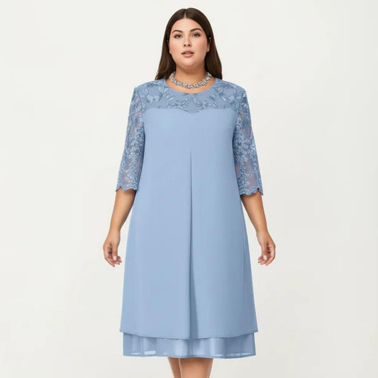 Plus Size Lace Yoke Midi Dress with Sheer Sleeve Detail and Layered Hem Flowy Elegant Dress