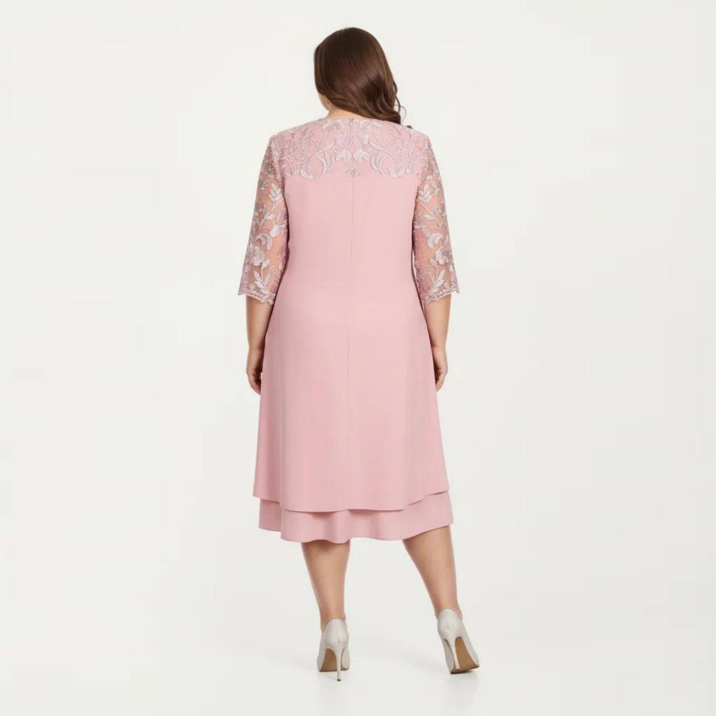 Plus Size Lace Yoke Midi Dress with Sheer Sleeve Detail and Layered Hem Flowy Elegant Dress