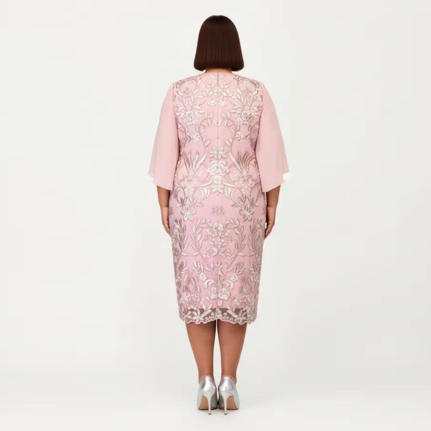 Plus Size Lace Midi Dress with Sheer Overlay Short Sleeve Loose Fit Elegant Knee Length Dress