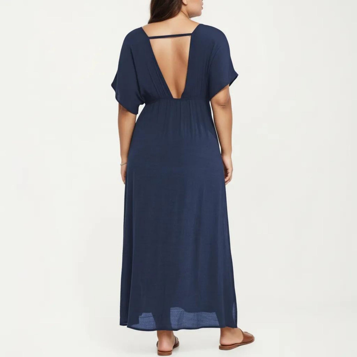 Plus Size Maxi Dress with Deep V Neck Short Sleeve Loose Fit Flowy Casual Long Dress