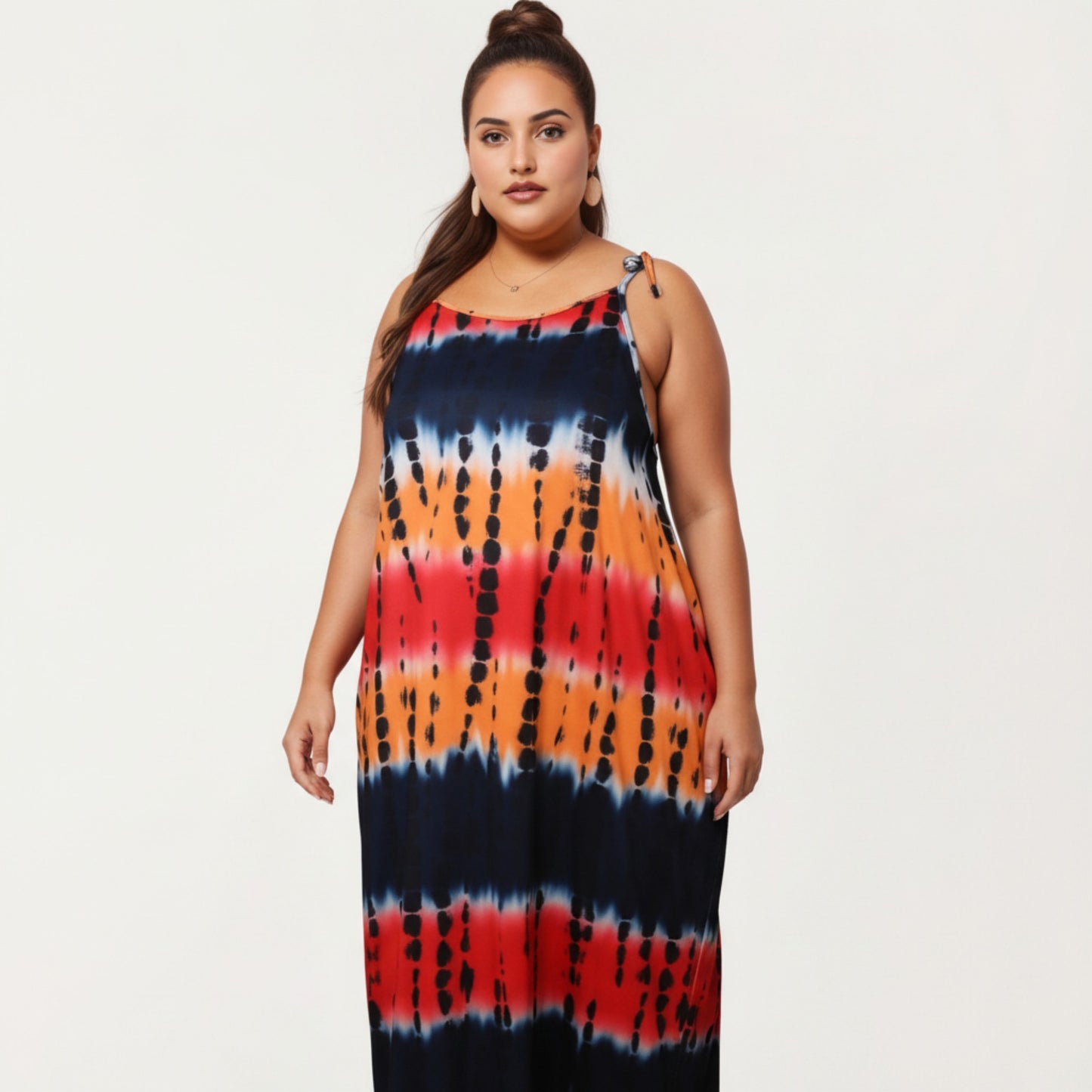 Plus Size Maxi Dress with Adjustable Strap Scoop Neck Tie Dye Print Loose Fit Casual Dress