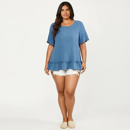 Plus Size Short Sleeve Peplum Top with Textured Knit Fabric Round Neck Ruffle Hem Shirt