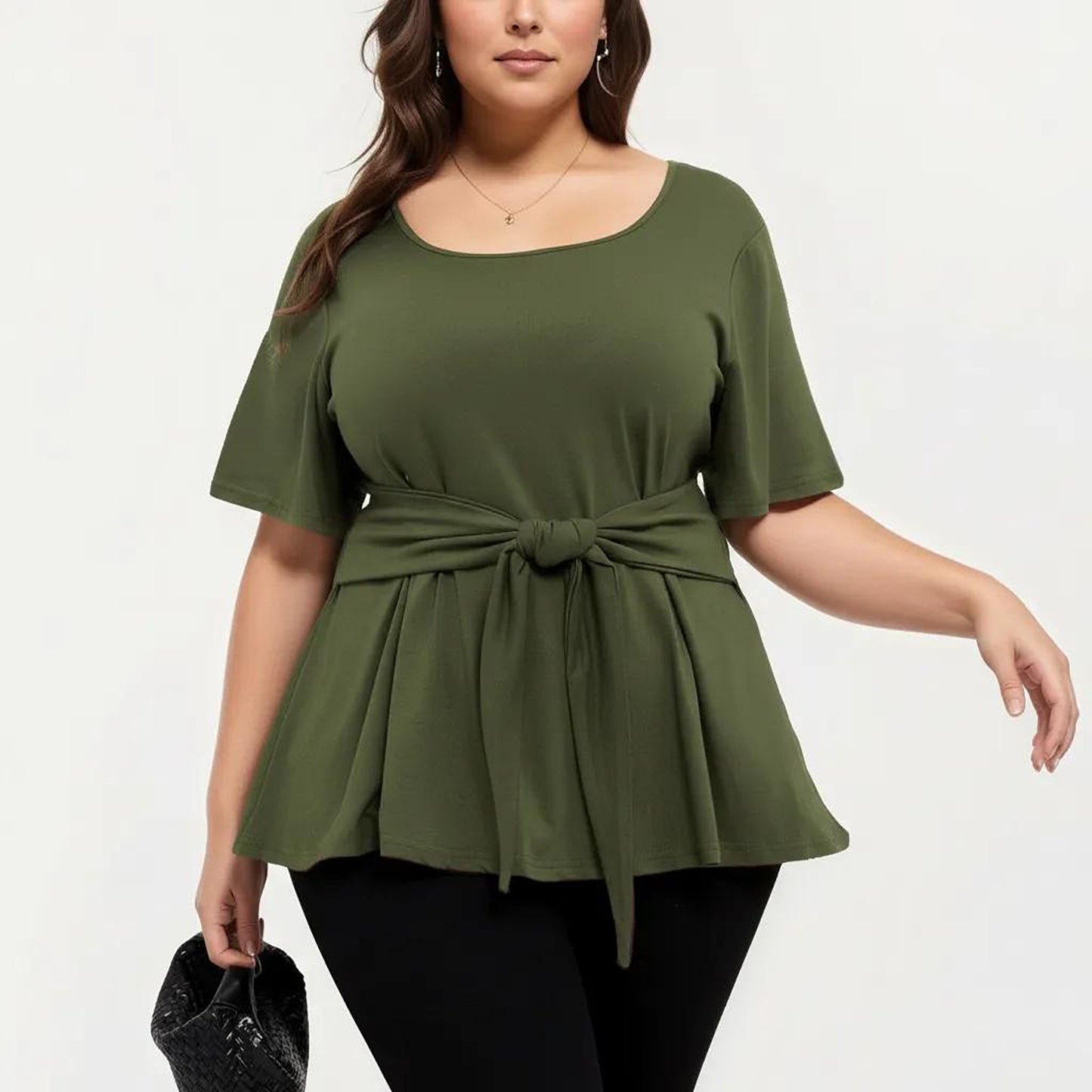 Plus Size Short Sleeve Scoop Neck Top with Waist Tie Detail Flowy Peplum Hem Relaxed Shirt