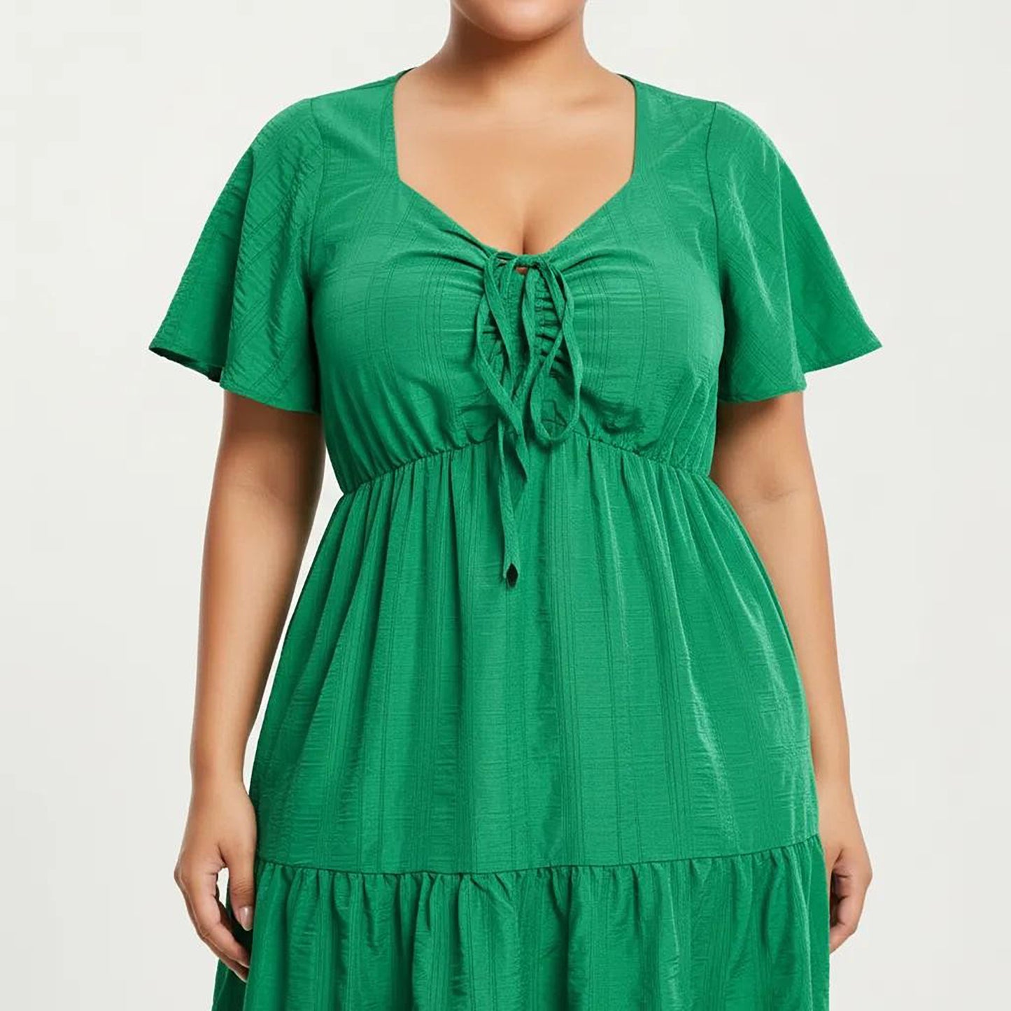 Plus Size Short Sleeve V Neck Dress with Front Tie Detail Elastic Waist Tiered Maxi Skirt