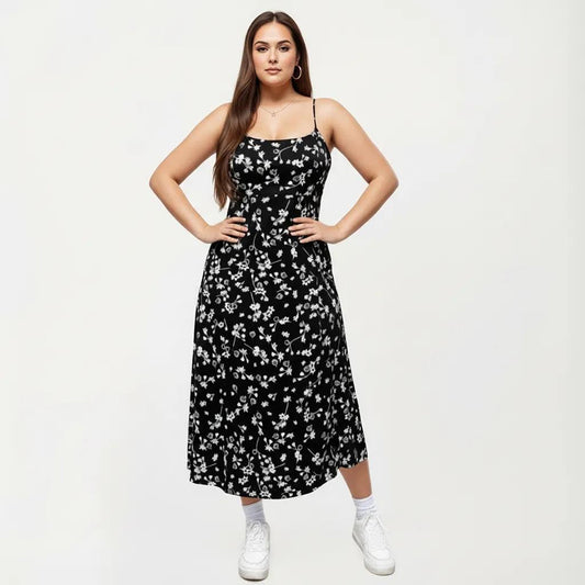 Plus Size Floral Print Midi Dress with Spaghetti Straps Square Neck Fitted Bodice Skirt