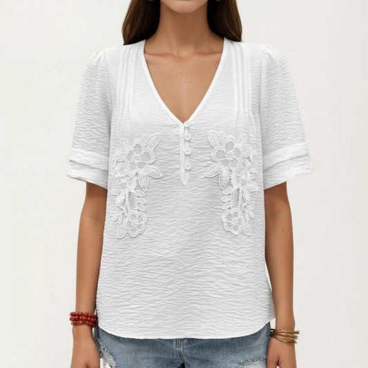 Short Sleeve Blouse with V Neck Button Front Floral Embroidery Textured Casual Top