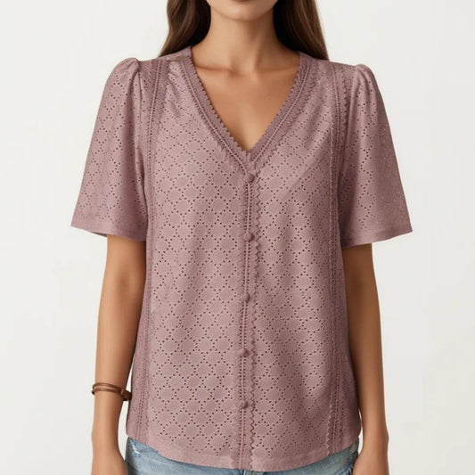 Short Sleeve Eyelet Blouse with V Neck Button Front Lace Trim Textured Shirt Top