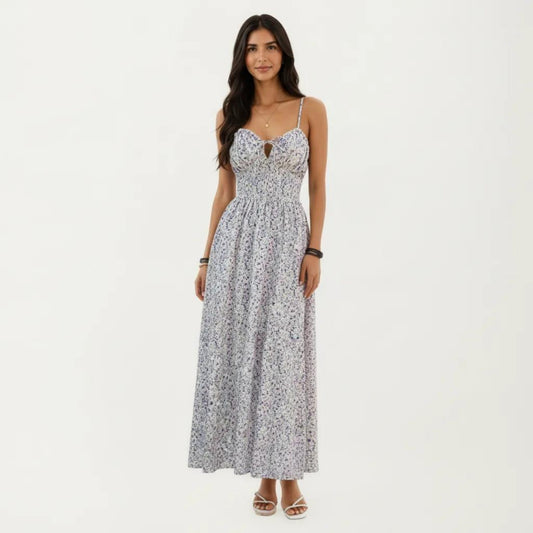 Sleeveless Floral Maxi Dress with Spaghetti Straps Smocked Waist and Flowy A-Line Silhouette Design
