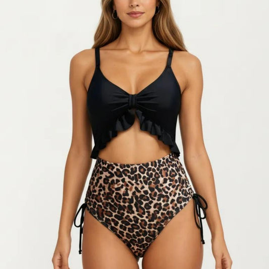 One Piece Swimsuit with Ruffle Trim Front Tie Detail and High Waisted Bottom