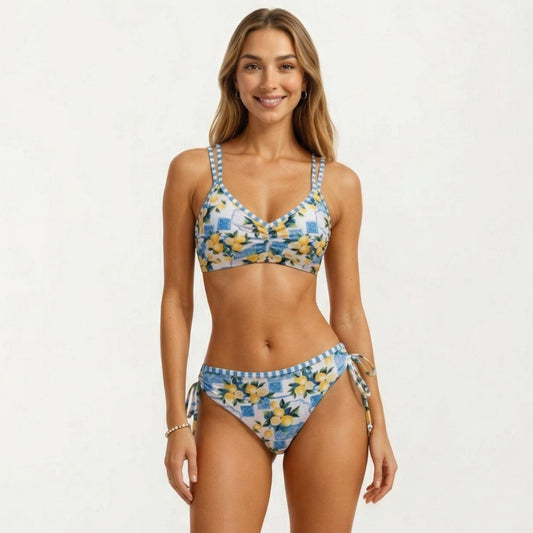 2-Piece Bikini Set with Double Strap Top Side Tie Bottom Floral Print V Neck Adjustable Fit