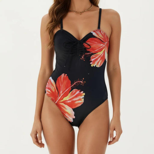 One Piece Swimsuit with Sweetheart Neck Front Drawstring Detail Floral Print Slim Fit