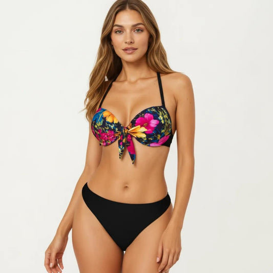 2-Piece Bikini Set with Push Up Underwire Top Front Tie Detail High Cut Bottom Floral Print