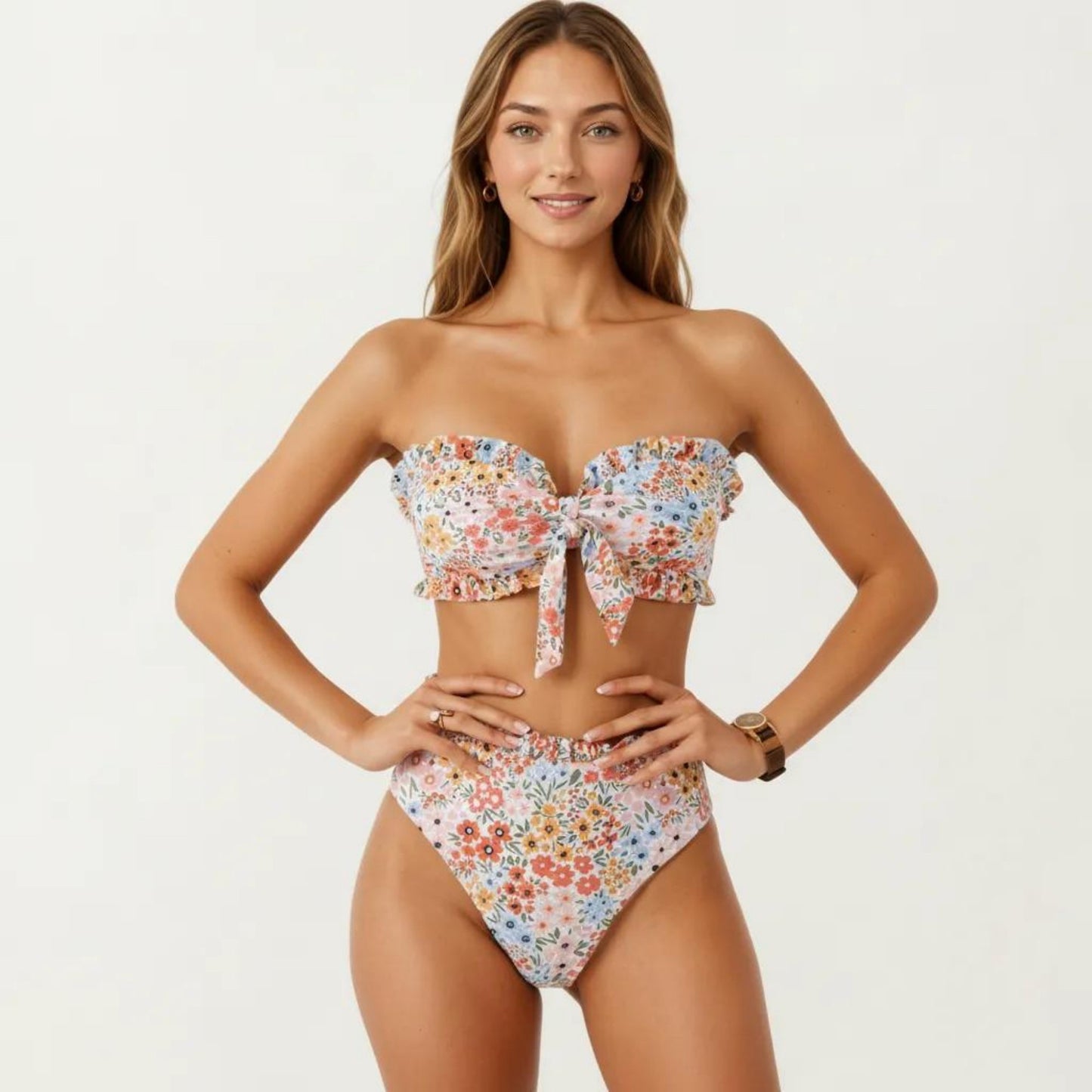 2-Piece Strapless Bandeau Bikini Set with Front Tie Knot Top High Waisted Ruffle Trim Bottom