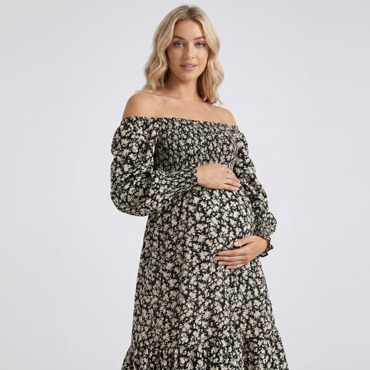 Maternity Off Shoulder Floral Midi Dress with Smocked Bodice and Tiered Hem