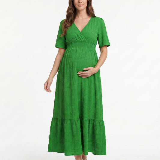 Maternity V Neck Textured Midi Dress with Short Sleeves and Tiered Hem