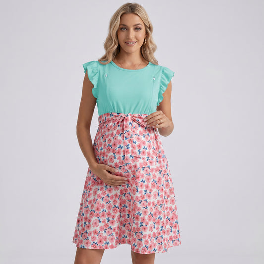 Flutter Sleeve Maternity Dress with Floral Skirt and Tie Waist