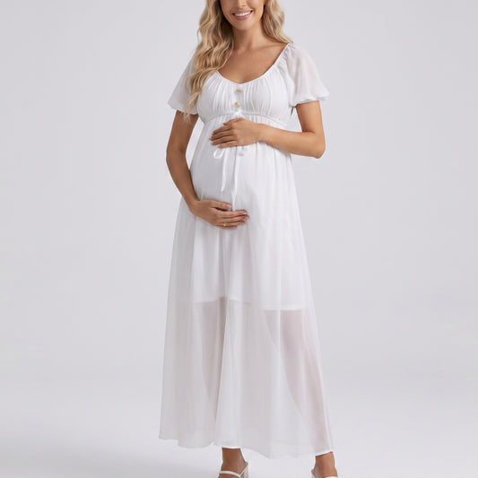 Puff Sleeve Maternity Maxi Dress with Button Front and Tie Detail