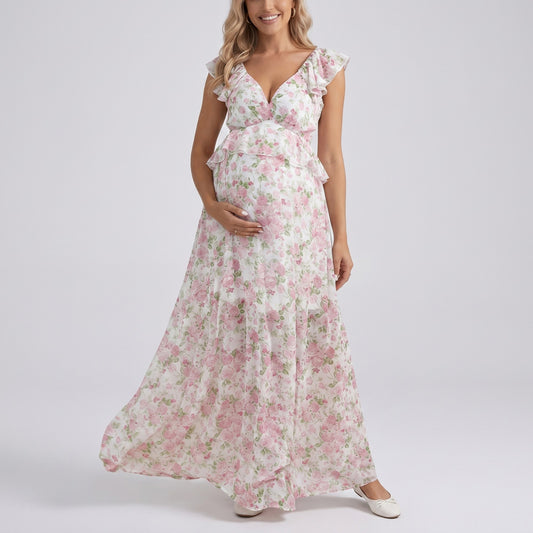 Floral Maternity Maxi Dress with Ruffle Sleeves and Empire Waist