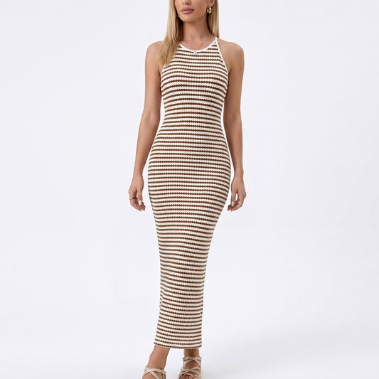 Striped Halter Maxi Dress with Open Back Tie Detail and Fitted Knit Silhouette