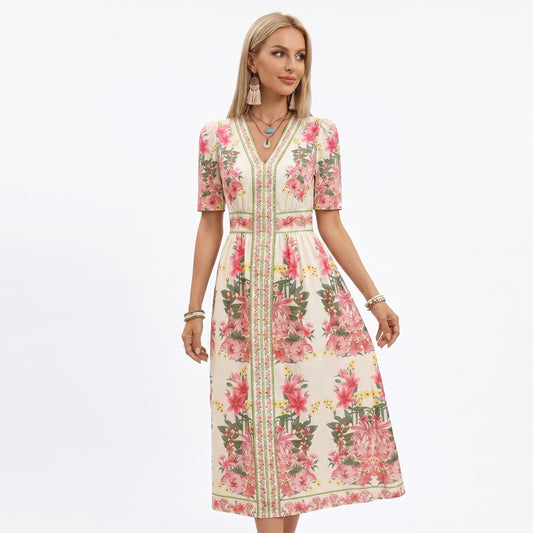 Floral Midi Dress with V Neckline Short Puff Sleeves and Waist Detail