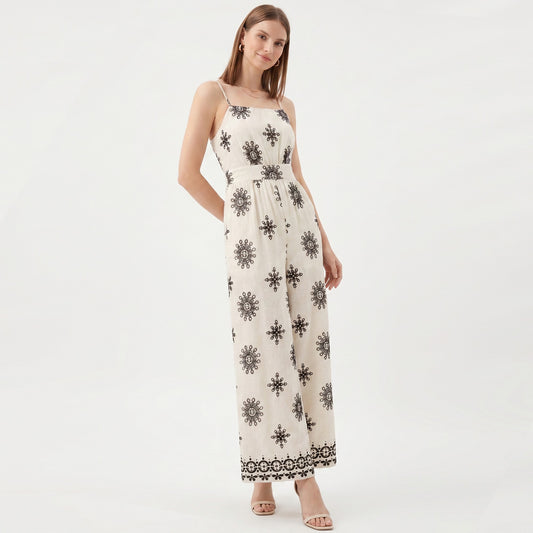 Printed Wide Leg Jumpsuit with Spaghetti Straps and Smocked Back