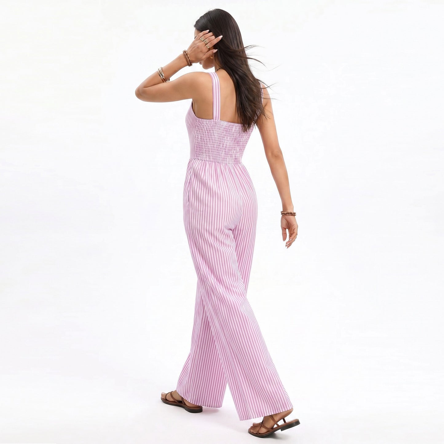 Striped Wide Leg Jumpsuit with Twist Front Cutout and Spaghetti Straps