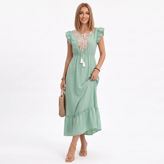 Ruffle Sleeve Maxi Dress with Tie Neck and Embroidered Trim