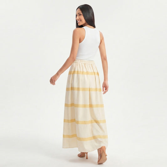 Striped Maxi Skirt with Pleated Waist and A Line Silhouette