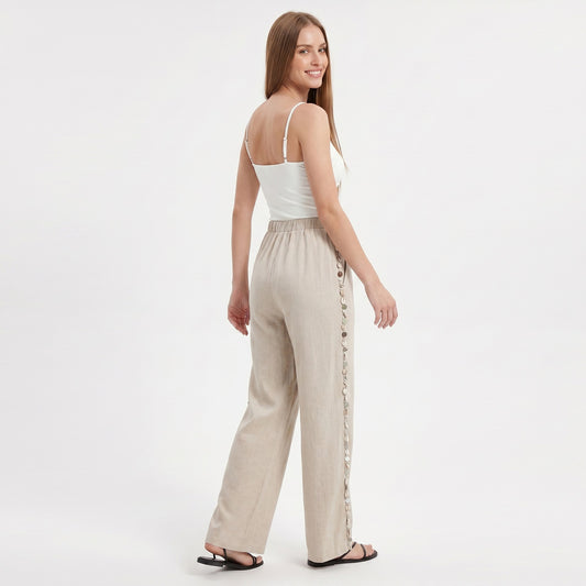 Wide Leg Pants with Drawstring Waist and Side Sequin Trim
