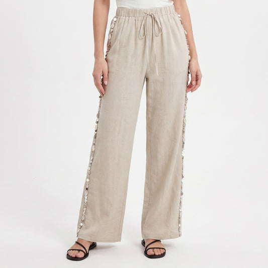 Wide Leg Pants with Drawstring Waist and Side Sequin Trim