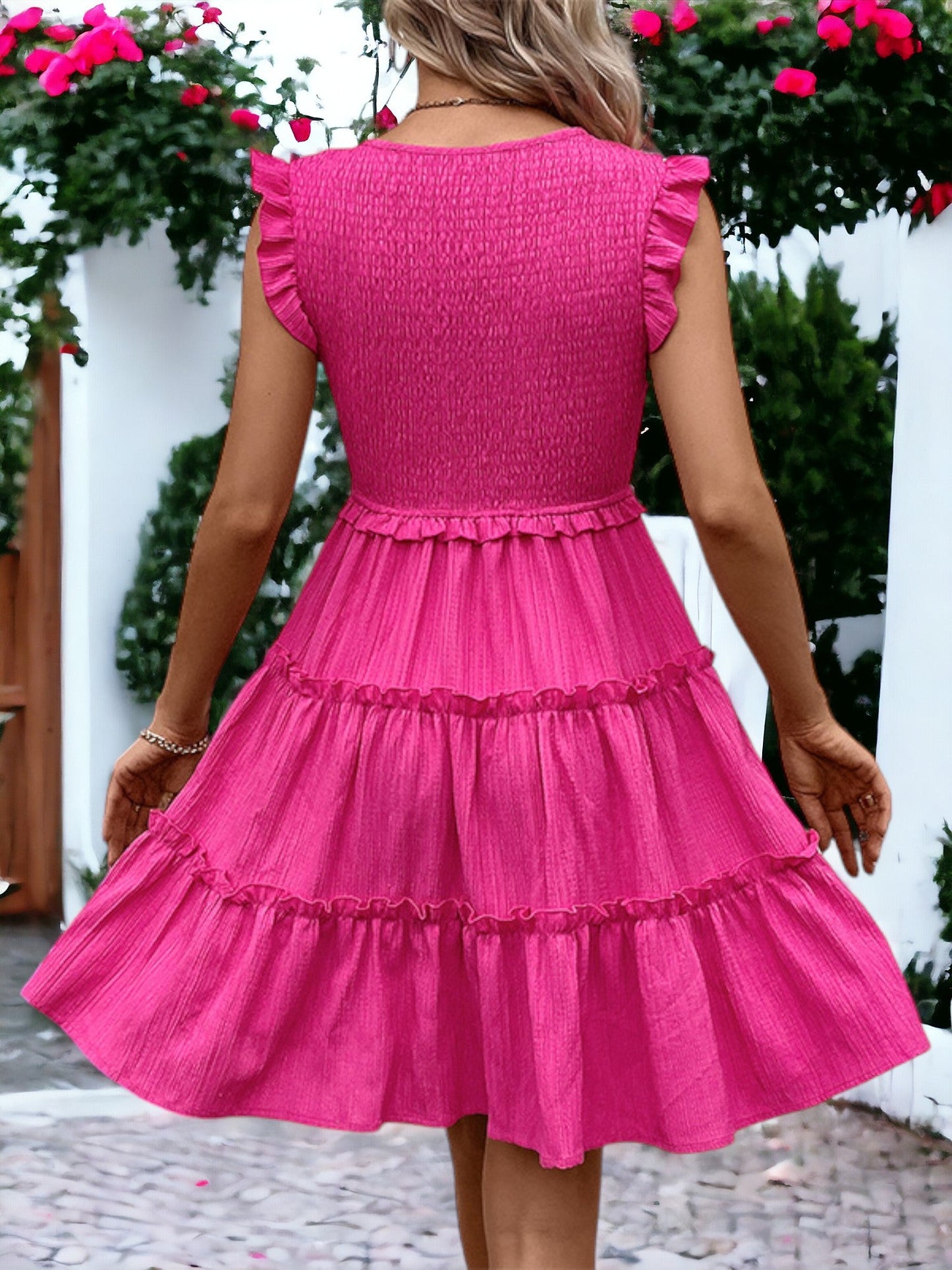 V Neck Ruffle Shoulder Tiered Dress