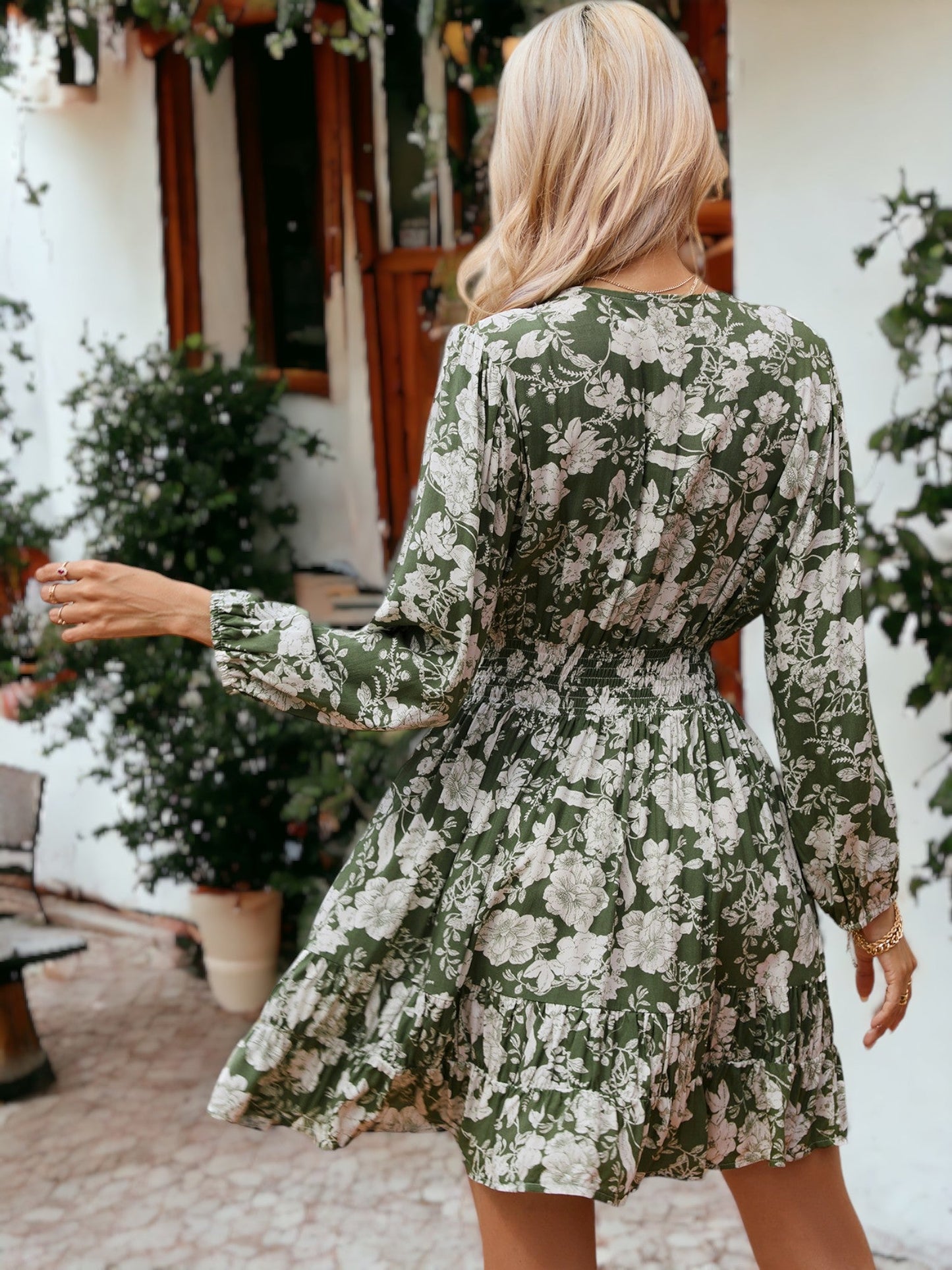 Floral Print Smocked Waist Pleated Hem Floral Dress