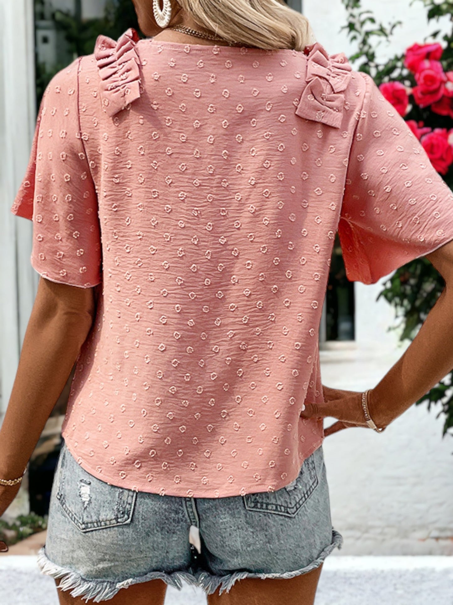Ruffle Shoulder Short Sleeve Blouse