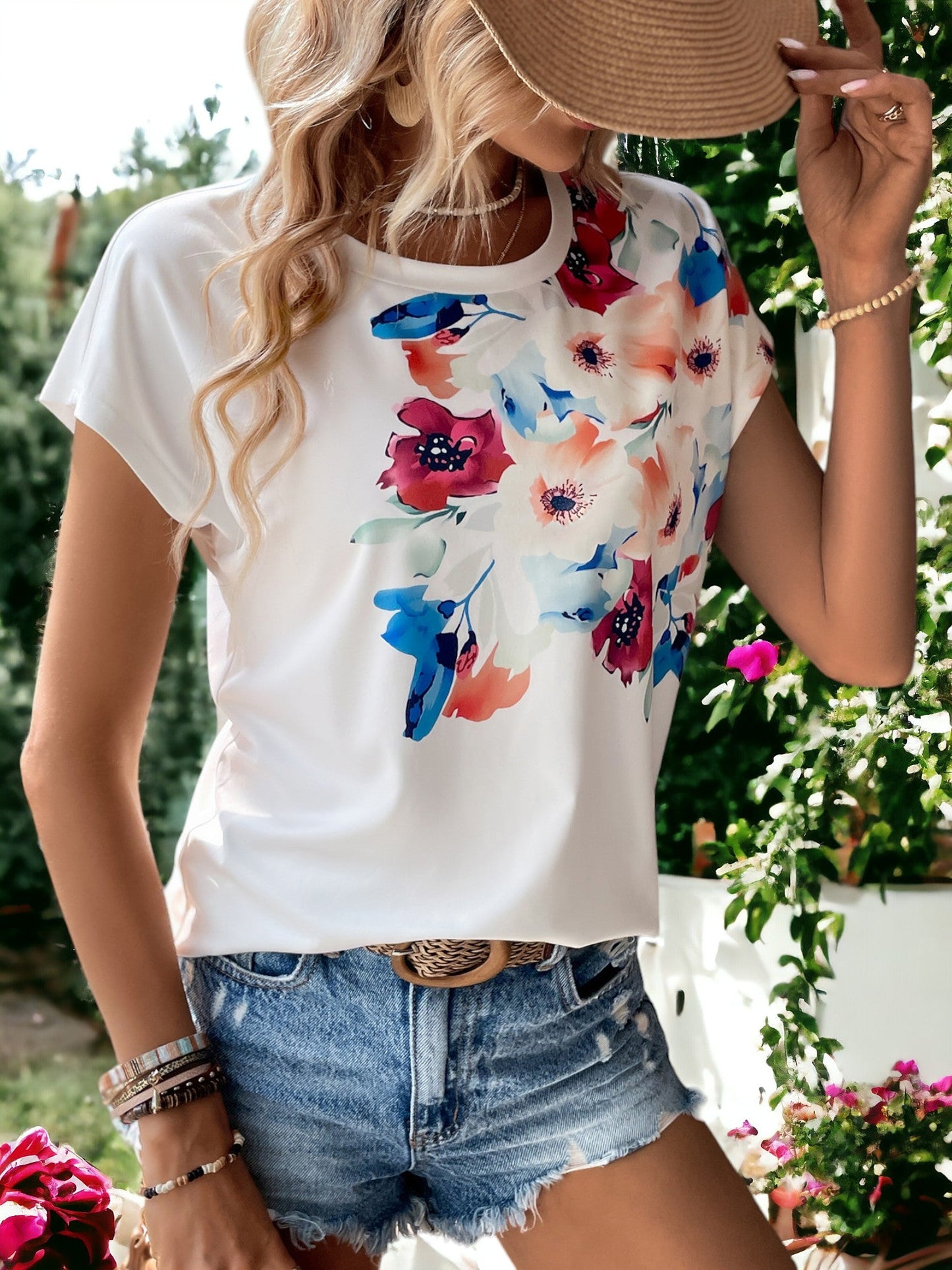Multi-Color Bloom Floral Print Round Neck Blouse