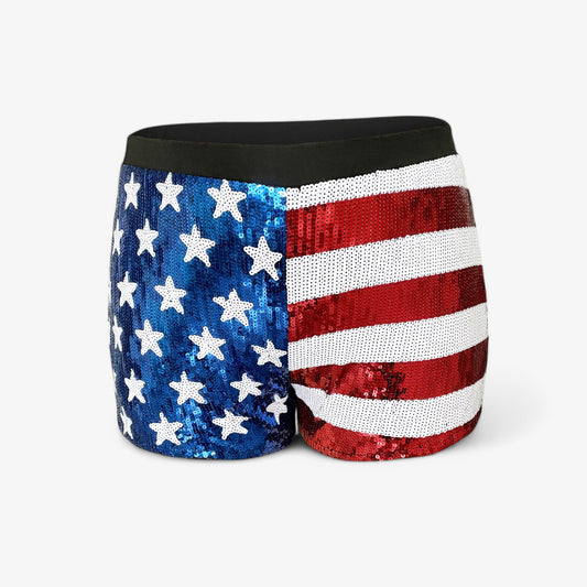 Women's Sequin High-Waisted Shorts with Star and Stripe Pattern