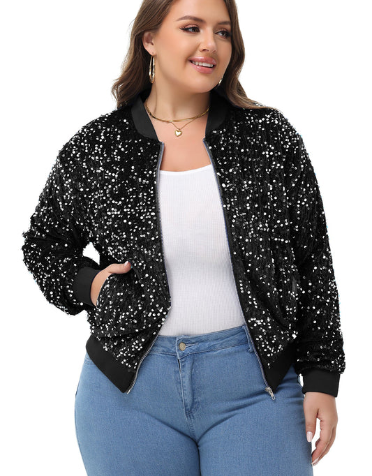 Anna-Kaci Women's Sequin Jacket Plus Size Sparkly Zip Bomber Coat With Pockets For Concert Party