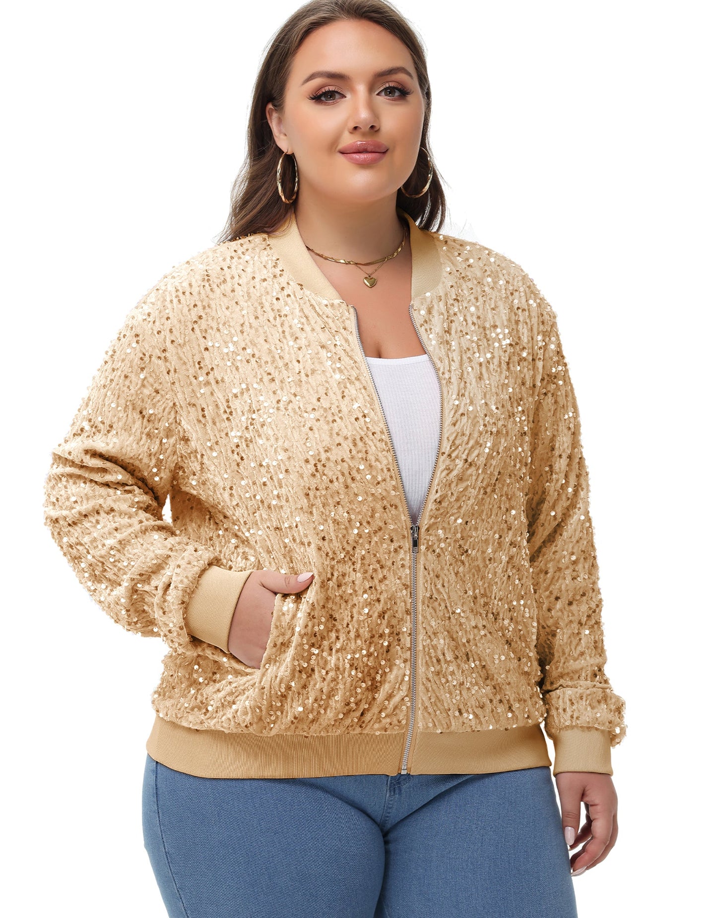 Anna-Kaci Women's Sequin Jacket Plus Size Sparkly Zip Bomber Coat With Pockets For Concert Party