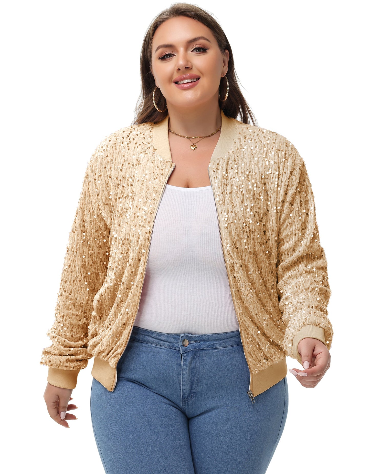Anna-Kaci Women's Sequin Jacket Plus Size Sparkly Zip Bomber Coat With Pockets For Concert Party