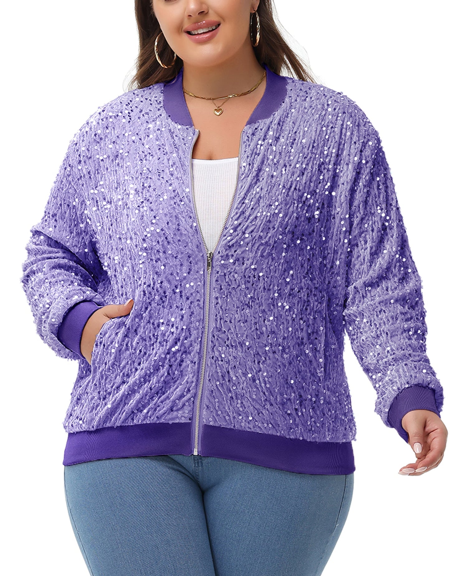 Anna-Kaci Women's Sequin Jacket Plus Size Sparkly Zip Bomber Coat With Pockets For Concert Party